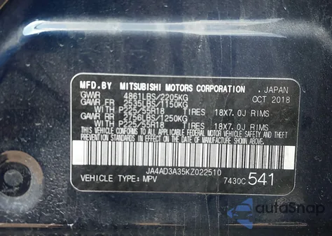 2019 Mitsubishi Outlander Sel from USA, damaged, VIN JA4AD3A35KZ022510